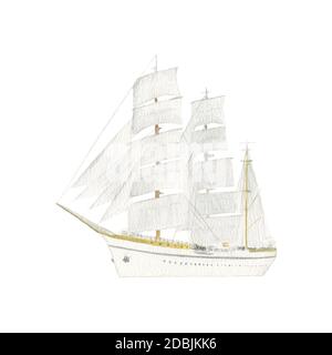 Magnifique bateau à voile blanc rétro aquarelle avec voiles. Croisière. Voile, yacht, sloop, goélette, Windjammer, coupe-vent, voyage, âge de voile, pour p Banque D'Images