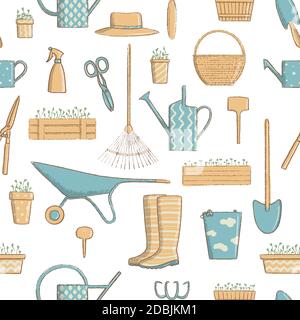 Vue latérale jardinage sans couture ensemble d'icônes ensemble. Collection d'outils horticoles utiles bêche, chapeau, etc. Dessin animé style vintage, illustration vectorielle. Banque D'Images