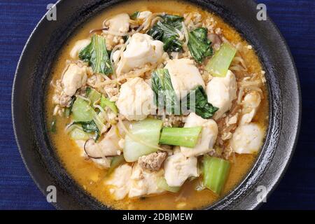 Cuisine chinoise mapo tofu dans un plat sur plateau en bois, style japonais, Banque D'Images