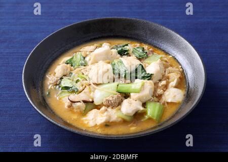 Cuisine chinoise mapo tofu dans un plat sur plateau en bois, style japonais, Banque D'Images