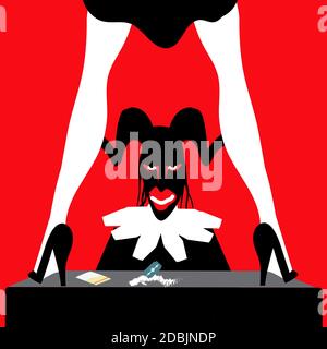 illustration d'une jeune femme dansant devant le diable et drogues sur la table Banque D'Images