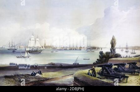 New York. Prise de l'angle nord-ouest de fort Columbus, Governor's Island. Après une gravure du milieu du XIXe siècle par Henry Papprill après une oeuvre de Frederick Catherwood. Banque D'Images