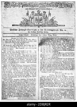 Journal allemand Berlinische Zeitung, du 23 mars 1813. Illustration du XIXe siècle. Fond blanc. Banque D'Images