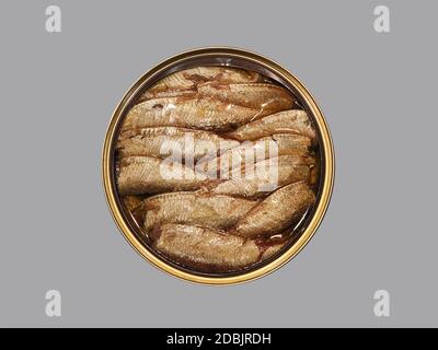 Les poissons en conserve se sont enfumés dans de l'huile dans une boîte de conserve. Sur un fond isolé. Banque D'Images