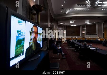 Washington, États-Unis. 17 novembre 2020. Jack Dorsey, Directeur général de Twitter, témoigne à distance lors d'une audience de la Commission judiciaire du Sénat qui examine comment Facebook et Twitter ont modéré le contenu lors de la récente élection présidentielle américaine, sur Capitol Hill à Washington, DC le mardi 17 novembre 2020. Photo de piscine par Bill Clark/UPI crédit: UPI/Alay Live News Banque D'Images