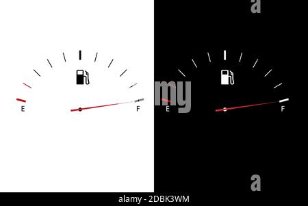 Indicateurs de carburant compteur de gaz. Icône réservoir vecteur de jauge plein. Cadran de voiture essence tableau de bord sur fond noir et blanc. Illustration de Vecteur
