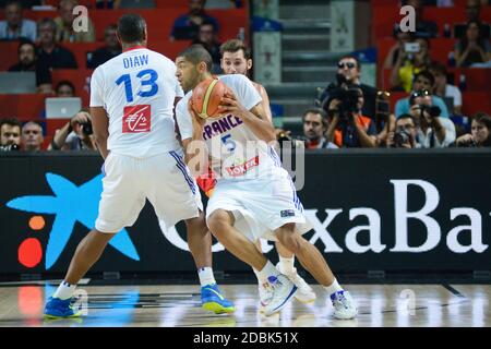 Nicholas Batum en train de lancer le pick and roll avec Boris Diaw. Équipe nationale de France Basketball. Coupe du monde de la FIBA Espagne 2014 Banque D'Images