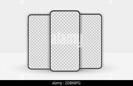 Maquette de smartphone. Trois écrans vierges en arrière-plan. Modèle moderne pour interface de conception d'interface utilisateur 3D réaliste, infographique ou de présentation. Vecteur Illustration de Vecteur