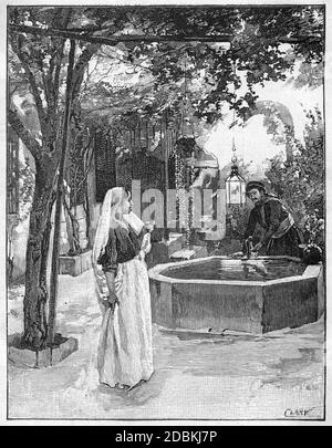 Gravure de cour et puits d'eau à Damas Banque D'Images