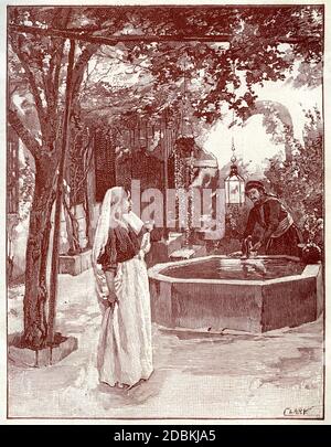 Gravure de cour et puits d'eau à Damas Banque D'Images