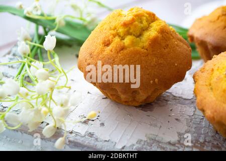 Petits gâteaux. Cuisson maison. Muffins avec raisins secs sur fond de sorbde, printemps Banque D'Images