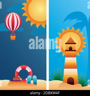 bonjour saison d'été avec phare et ballon air chaud le motif d'illustration de la plage Illustration de Vecteur