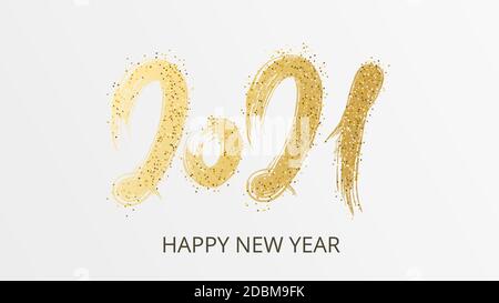 2021 Bonne Année. Calligraphie manuscrite texte doré lettrage dans la peinture avec des taches brillantes. Idéal pour le design des affiches de fête du nouvel an, les fêtes de fin d'année ca Illustration de Vecteur