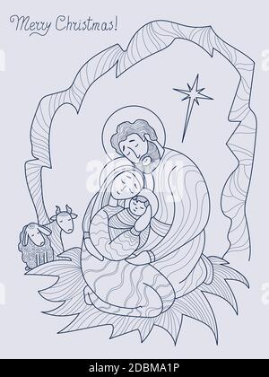 Joyeux Noël. La Vierge Marie, Joseph et le bébé Jésus-Christ dans une grotte, à côté des animaux - un mouton et une vache. Nuit Sainte la naissance du Sauveur et Illustration de Vecteur