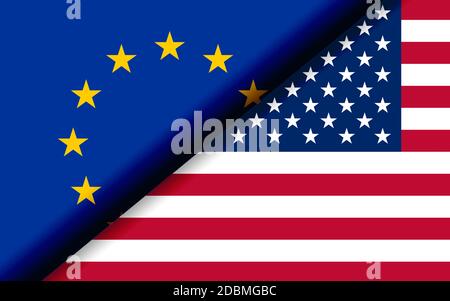 Les drapeaux de l'UE et des États-Unis sont divisés en diagonale. Rendu 3D Banque D'Images