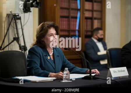 Jane Abraham, ancienne présidente de la Commission du Congrès pour étudier le potentiel d'UN Musée national de l'histoire des femmes, présente sa déclaration d'ouverture lors d'une audience du Comité sénatorial sur le Règlement et l'administration pour examiner S. 959, Smithsonian American Women's History Museum Act; Et S.1267, National Museum of the American Latino Act, dans le bureau du Sénat Russell à Washington, DC, le mardi 17 novembre 2020. Crédit : Rod Lamkey/CNP | utilisation dans le monde entier Banque D'Images