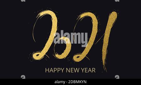 2021 Bonne Année. Calligraphie manuscrite texte doré lettrage dans la peinture avec des taches brillantes sur le noir. Idéal pour le design des affiches de fête du nouvel an, ho Illustration de Vecteur