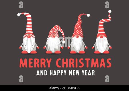 Carte postale Joyeux Noël. Quatre gnomes de Noël mignons vectoriels avec capuchons rouges de style plat sur fond sombre. Modèle de design pour Noël Illustration de Vecteur