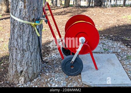 Tuyau d'eau au niveau de l'enrouleur de chariot dans Woods Banque D'Images