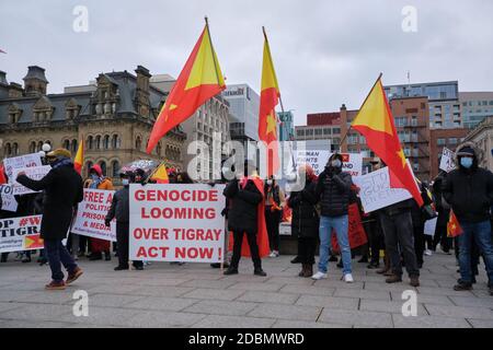 Ottawa, Canada. 17 novembre 2020. Plus de 300 personnes sont descendues dans les rues d'Ottawa pour protester contre la guerre dans la région du Tigray en Éthiopie et contre l'offensive menée par le premier ministre Abiy Ahmed. Ils ont fini devant le Parlement pour exiger que le Canada prenne des mesures dans le conflit. Abiy, prix Nobel de la paix de l'année dernière, continue de rejeter les appels internationaux au dialogue et à la désescalade dans le conflit de deux semaines. Credit: Meanderingemu/Alamy Live News Banque D'Images