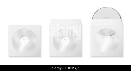 CD, DVD et papier vierges Vector 3d Realistic White enveloppe fermée et ouverte avec fenêtre en plastique, jeu de couvertures isolé sur fond blanc. Avant, Haut Illustration de Vecteur