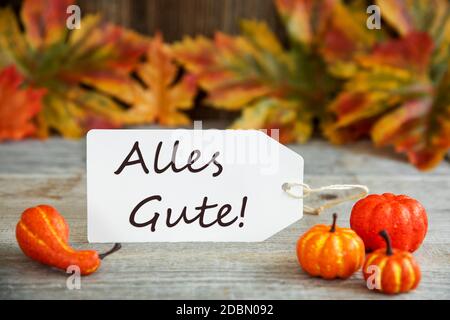 White Label avec texte allemand Alles Gute signifie meilleurs voeux. Arrière-plan en bois avec décoration d'automne comme la citrouille et les feuilles Banque D'Images