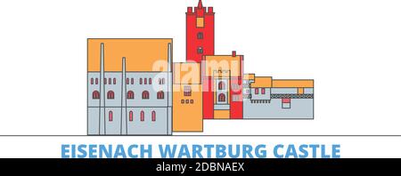 Allemagne, Eisenach Wartburg ligne du château paysage urbain, vecteur plat. Monument de la ville de voyage, illustration d'oultine, icônes du monde de ligne Illustration de Vecteur