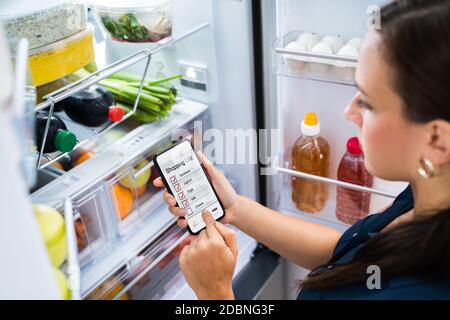 Application pratique pour le téléphone de la liste de courses d'épicerie près du réfrigérateur Banque D'Images
