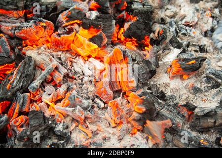 Les charbons de feu, de cendres et de close-up. Feu dans l'après-midi Banque D'Images