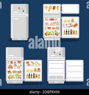 Réfrigérateur ouvert avec nourriture dans le style plat. Réfrigérateur ouvert, nourriture et légumes, crème fraîche et glacée, illustration vectorielle Illustration de Vecteur