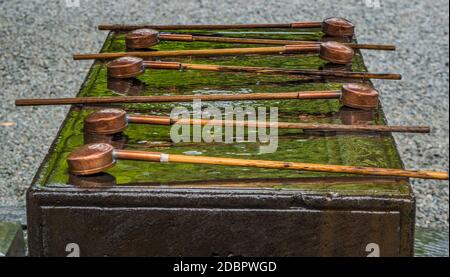 Fontaine de purification rituelle à un Temple japonais - TOKYO / JAPON - 12 JUIN 2018 Banque D'Images