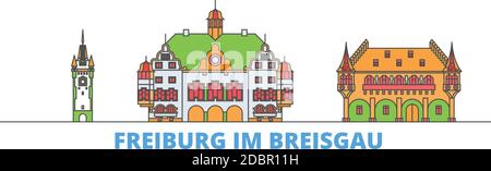 Allemagne, Freiburg im Breisgau ligne paysage urbain, vecteur plat. Monument de la ville de voyage, illustration d'oultine, icônes du monde de ligne Illustration de Vecteur