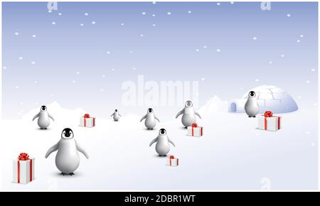 plusieurs pingouins sont dans la neige avec des cadeaux Banque D'Images