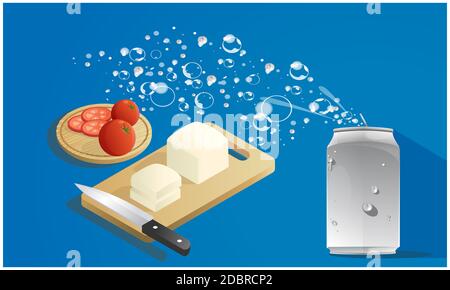 fromage haché et tomate avec boisson à base de fizz sur fond abstrait Banque D'Images