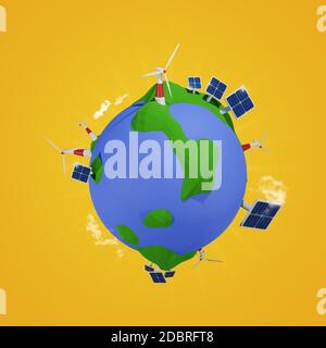 Concept d'énergie alternative avec énergie solaire et éolienne, 3D rendant le monde poly bas sur un fond jaune vif Banque D'Images