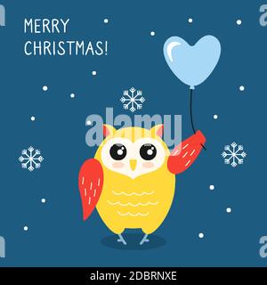 Carte de vœux de Noël, personnage hibou et ballon d'air. Oiseau de dessin animé du nouvel an. Joyeux Noël et Bonne Année. Vecteur de vacances de caractère animal dessiné à la main Illustration de Vecteur