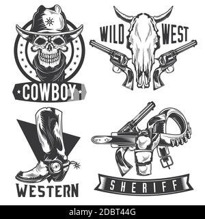 Ensemble d'emblèmes, d'étiquettes, de badges et de logos de cow-boy. Isolé sur blanc Illustration de Vecteur