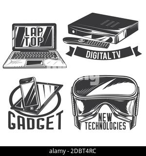 Ensemble de gadgets, emblèmes, étiquettes, badges, logos. Isolé sur blanc Illustration de Vecteur