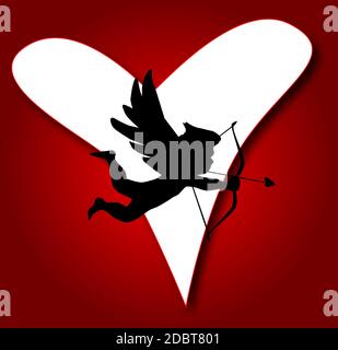 Une silhouette de cupidon visant son arow sur un grand entend sur fond rouge de sang Banque D'Images