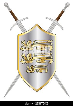 Typique d'une épée d'un chevalier de vieux isolé sur un fond blanc avec bouclier et enblem Banque D'Images