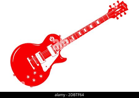 Un classique de la guitare électrique solid body rouge isolé sur fond blanc Banque D'Images