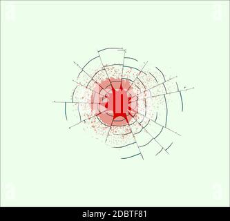 Un trou de balle dans une fenêtre avec l'égrenage en verre et un blood splatter Banque D'Images