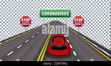 Coronavirus - attention, signalisation interdite. COVID-19 dangers et risques pour la santé publique. Pandémie. Illustration vectorielle Banque D'Images