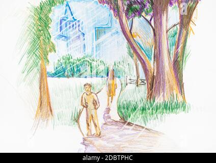 les gens marchent dans le parc de la ville et la vue de gratte-ciel en été dessiné à la main par des crayons de couleur sur papier blanc Banque D'Images