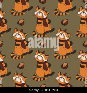 Motif d'automne avec animaux. Panda rouge. Acorns. Arrière-plan de l'automne. Imprimé pour les textiles et les tissus pour enfants. Animaux mignons. Vecteur illustrat Banque D'Images