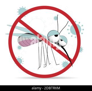 Signe d'avertissement de moustique interdit. Icône de vecteur de contrôle d'insecte. Personnage de moustique mignon Stop et contrôler les moustiques, illustration anti-insecte. . Banque D'Images