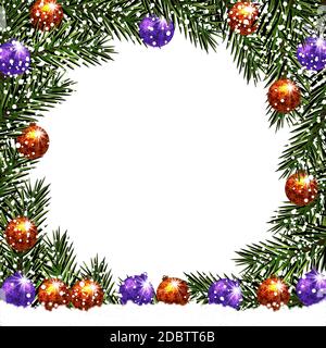 Nouvelle année. Noël. Carte postale avec une photo. Branches vertes de sapins dans un cercle avec des boules dans la neige. Illustration vectorielle Banque D'Images