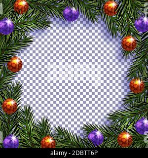 Nouvelle année. Noël. Carte postale avec une photo. Branches vertes de sapins dans un cercle avec des boules et de l'ombre sur un fond transparent. Vector illust Banque D'Images