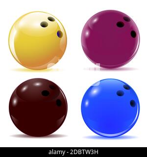 Boules de bowling multicolores. Objets isolés avec des ombres sur le thème du sport. Illustration vectorielle Banque D'Images