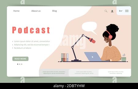 Modèle de page d'accueil de podcast. Entretien avec l'hôte radio. Diffusion en ligne. Illustration de Vecteur